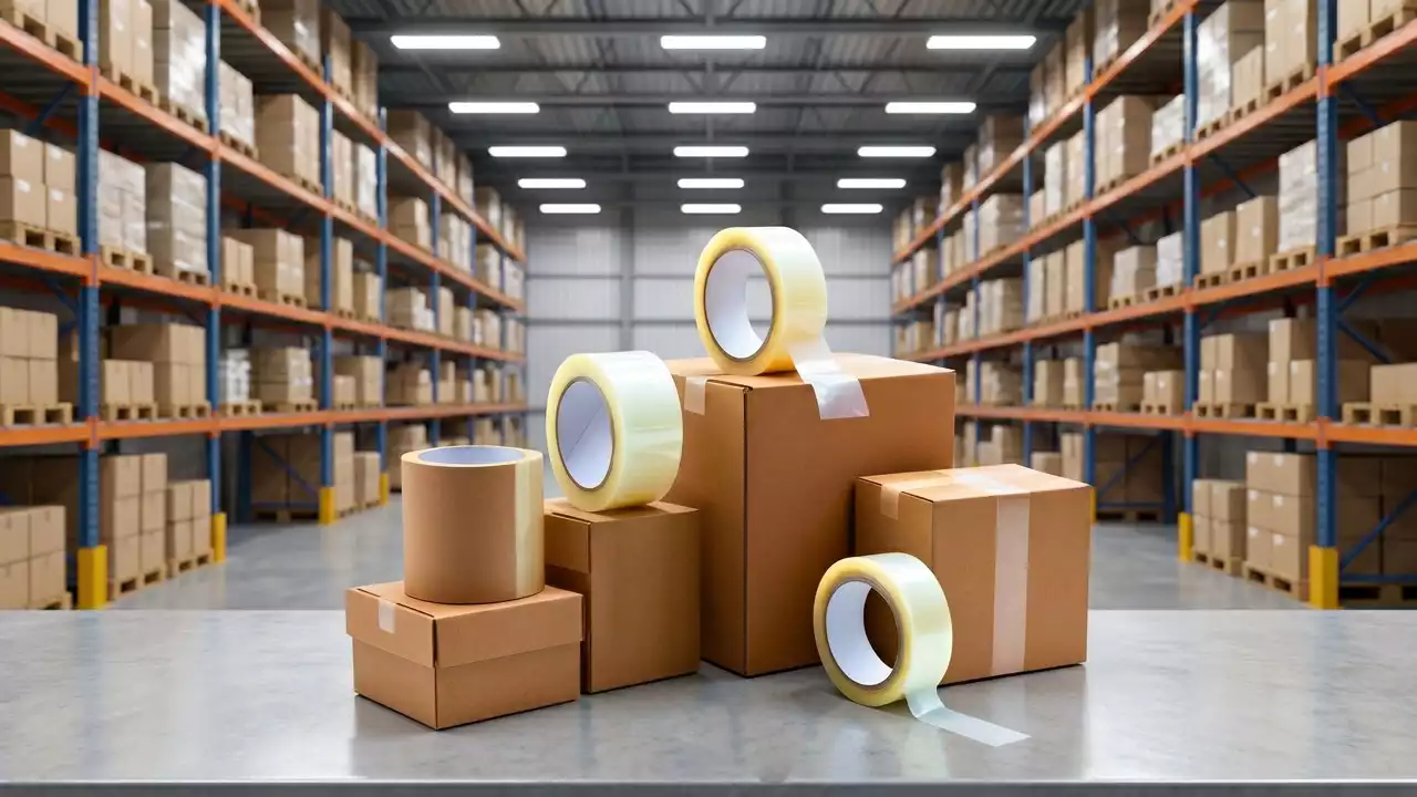 Tumpukan kardus pengemasan dan gulungan lakban bening berstandar industri di dalam gudang logistik