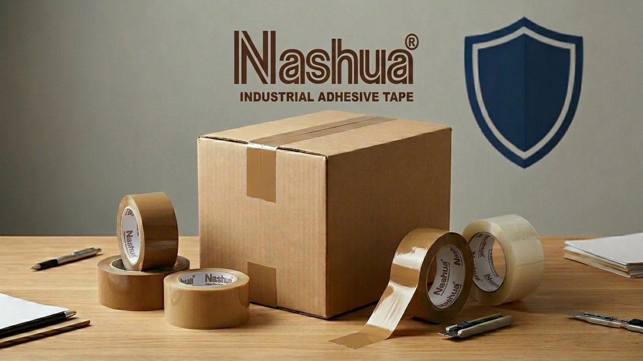 Kardus pengiriman logistik yang disegel rapat dan aman menggunakan lakban industri dari PT Nashua Nusantara.