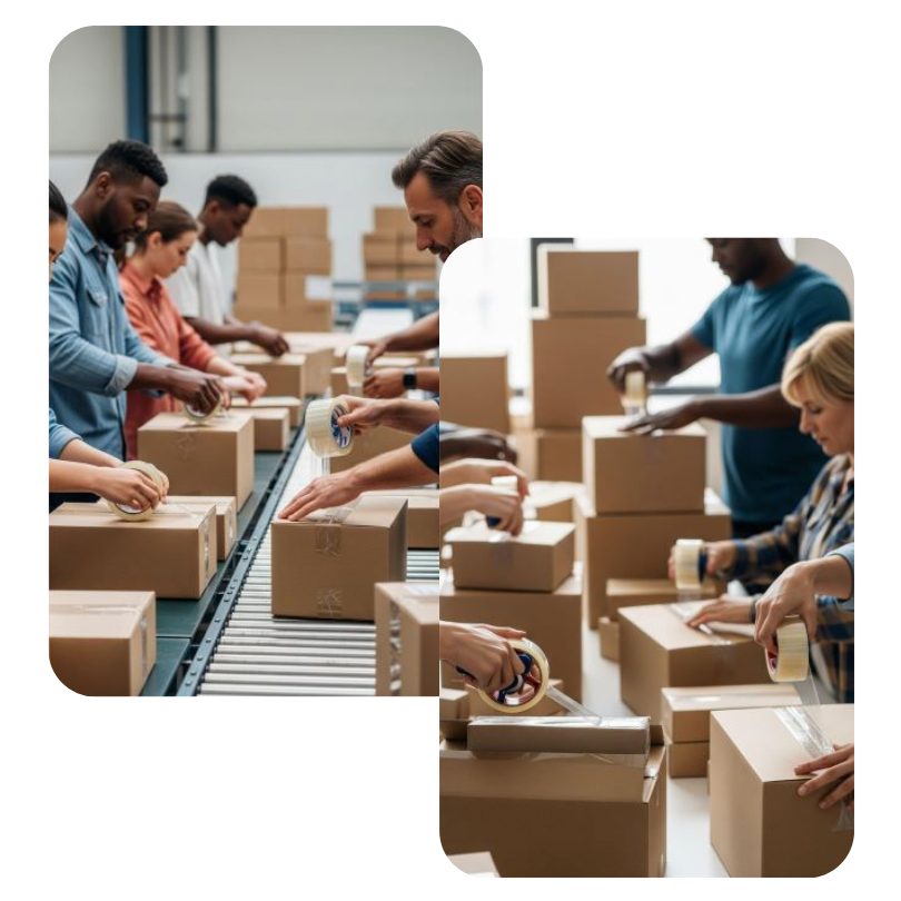 Pekerja industri menggunakan lakban OPP Nashua untuk penyegelan kardus logistik