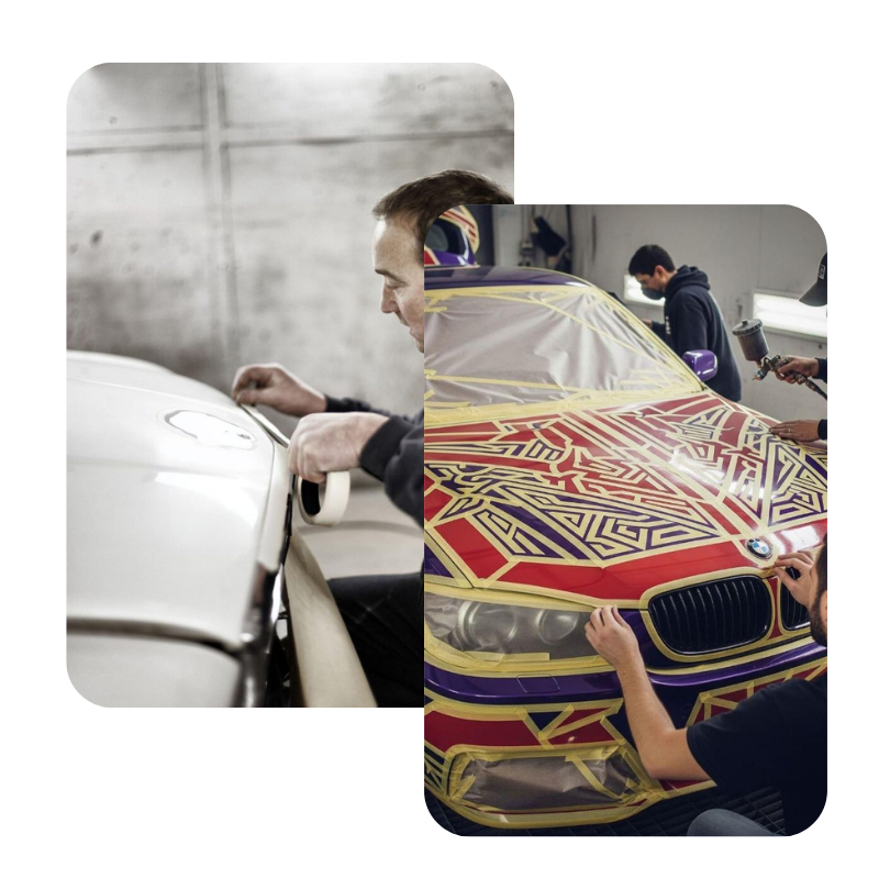 Detail kustomisasi presisi pada kap mobil BMW dengan pola pita dekoratif emas kustom. Tangan artisan ahli menerapkan detail rumit.