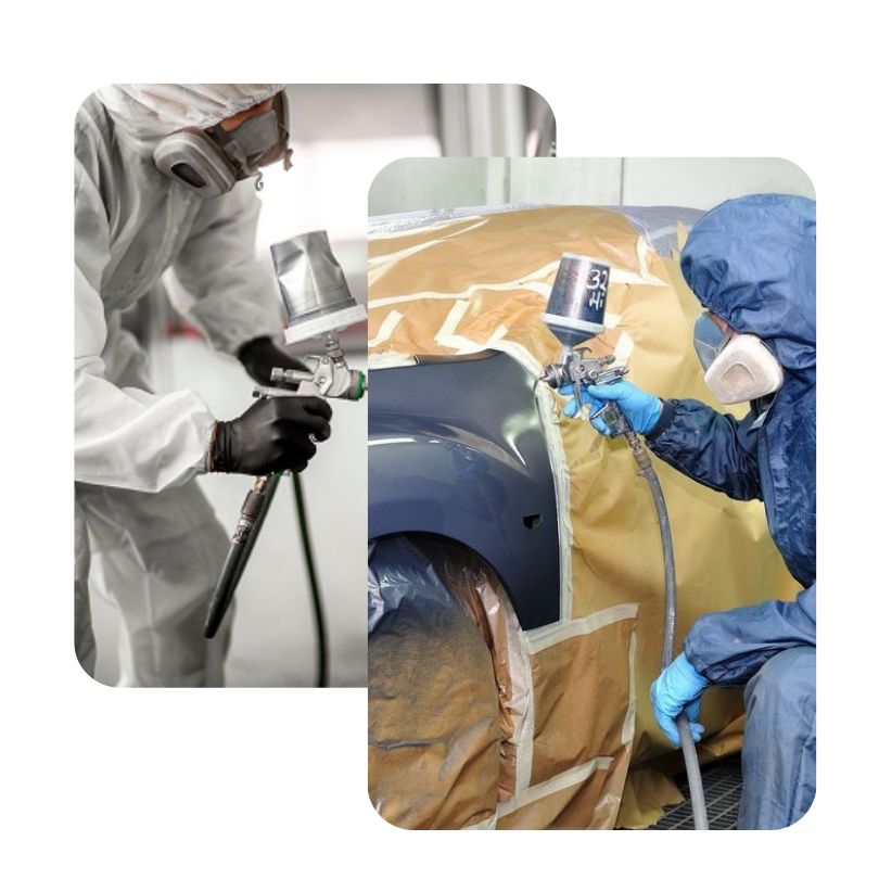 Teknisi profesional sedang melakukan proses pengecatan mobil di bengkel body repair menggunakan pelindung dan Masking Tape Nashua The Real One.