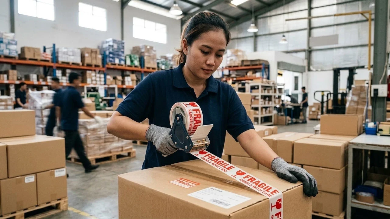 Pekerja wanita menyegel kardus pengiriman menggunakan lakban printing custom bertuliskan fragile di dalam gudang logistik.