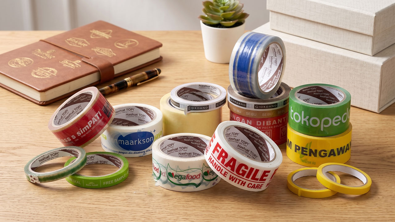 Koleksi gulungan lakban printing warna-warni Nashua tertata rapi di atas meja kayu dengan latar belakang buku catatan.