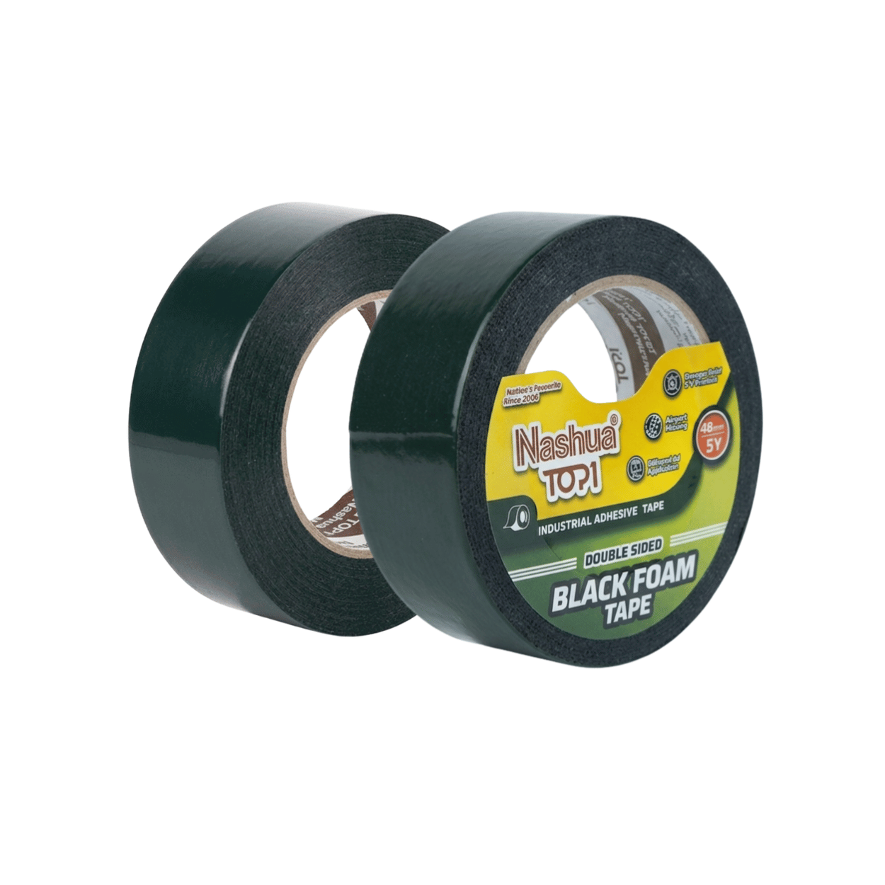 Dua gulungan double sided black foam tape merek Nashua untuk perekat aksesoris otomotif dan mounting tanpa paku