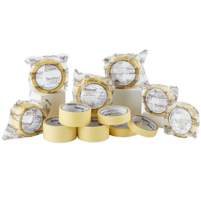 Kumpulan lakban kertas Masking Tape Nashua The Real One berbagai ukuran beserta kemasannya untuk kebutuhan bengkel body repair otomotif.