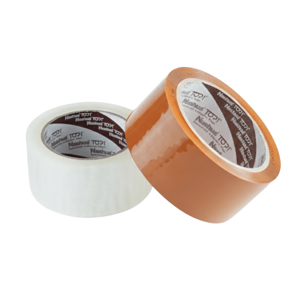Dua gulungan lakban kemasan OPP tape merek Nashua varian warna bening dan cokelat.