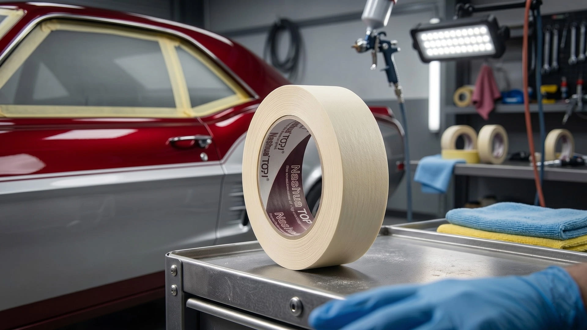 Rol lakban kertas (masking tape) yang digunakan untuk proses pengecatan mobil di bengkel body repair.