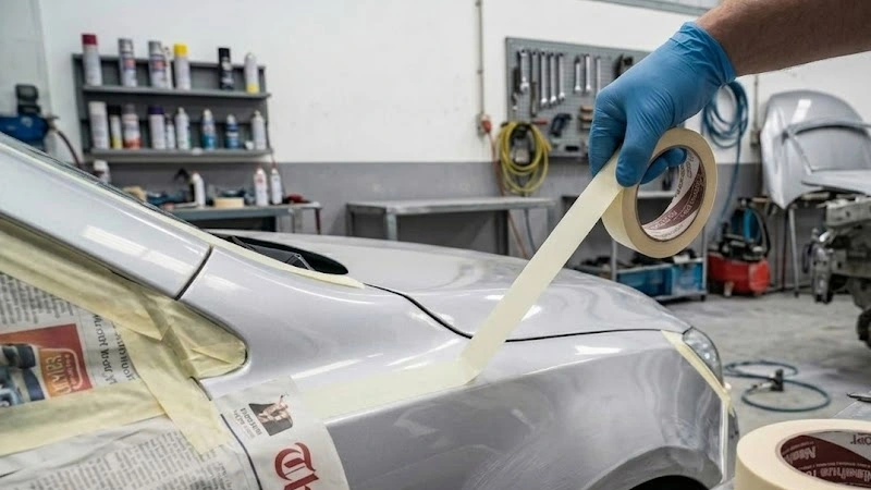 Aplikasi lakban kertas Nashua pada lekukan bodi mobil untuk proses pengecatan ulang yang presisi.