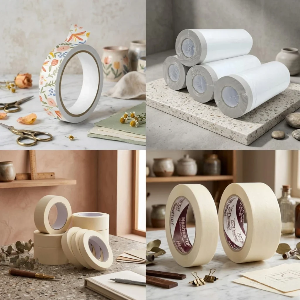 Empat jenis lakban kertas (masking tape) untuk berbagai kebutuhan: washi tape, lakban krep, pita film pelindung, dan pita perekat lembut low-tack.