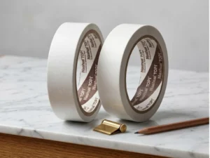 Dua gulung lakban double tape hot melt putih, contoh praktis dalam panduan jenis lakban dan fungsinya untuk kerajinan tangan dan dokumen.