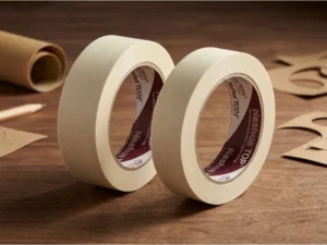 Gulungan lakban kertas atau masking tape di atas meja kayu, bagian dari panduan jenis lakban dan fungsinya untuk industri otomotif dan pengecatan.