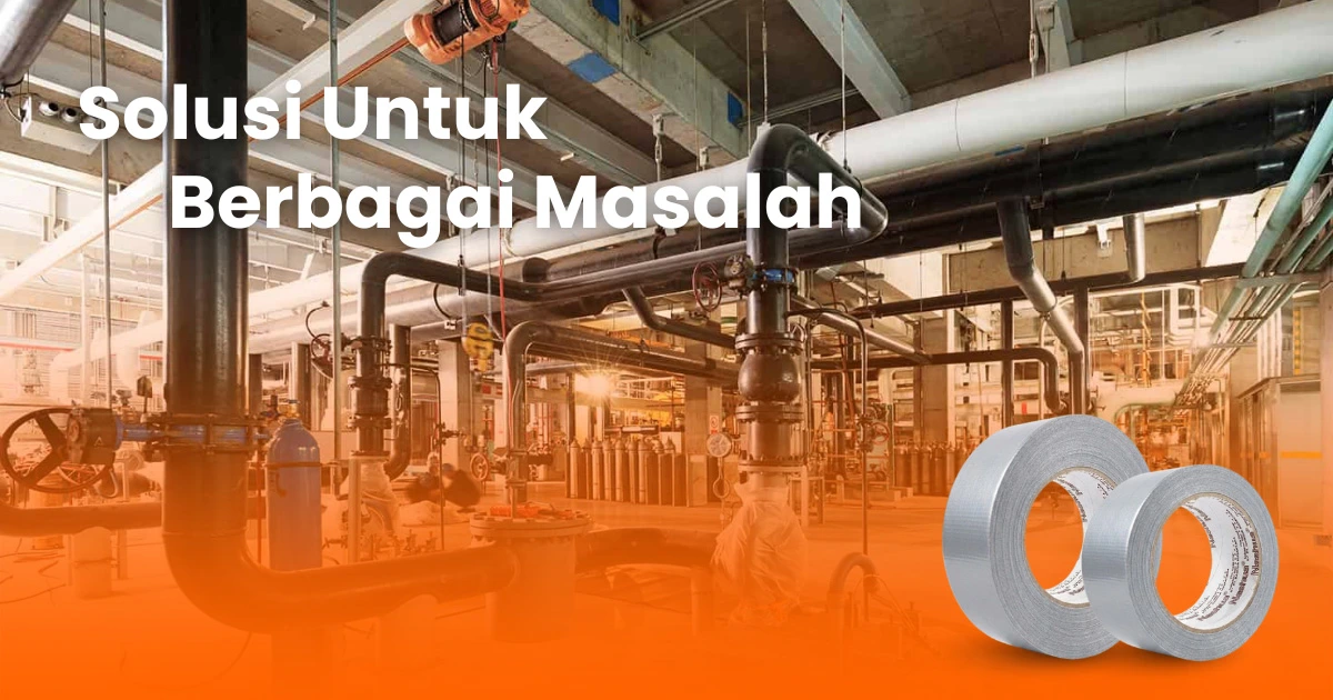 Ilustrasi gulungan duct tape berwarna perak sebagai solusi material penyekat tangguh untuk perpipaan industri dan konstruksi.