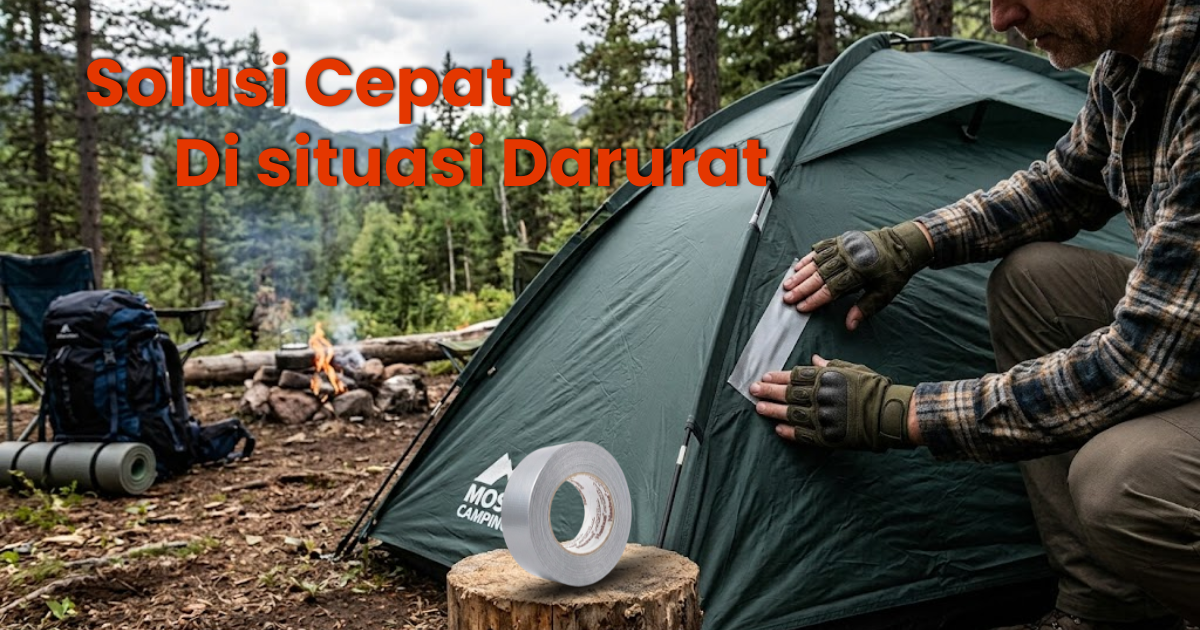 Seseorang sedang menambal tenda yang robek, salah satu contoh penting dari kegunaan duct tape untuk camping
