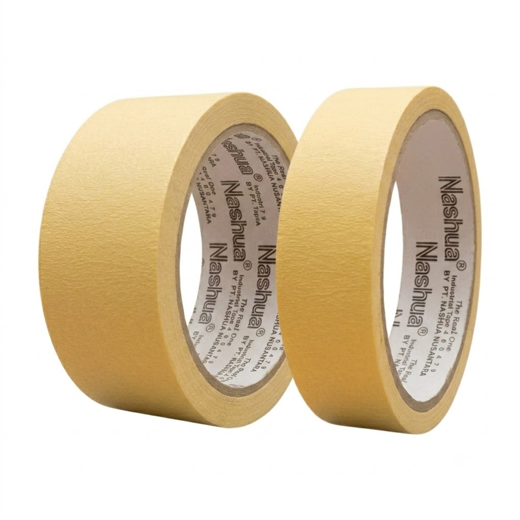 Dua rol lakban kertas Nashua The Real One ukuran 24mm dan 48mm berdampingan dengan latar belakang putih.